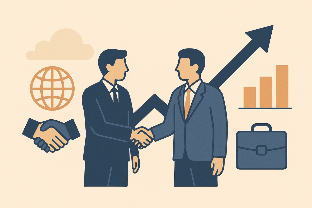 Two men in suits shaking hands, surrounded by symbols of global partnership and growth