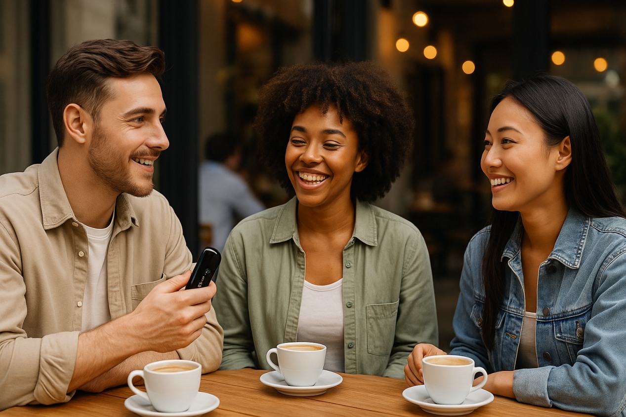 people sitting around the table within them a man holding a HNB device